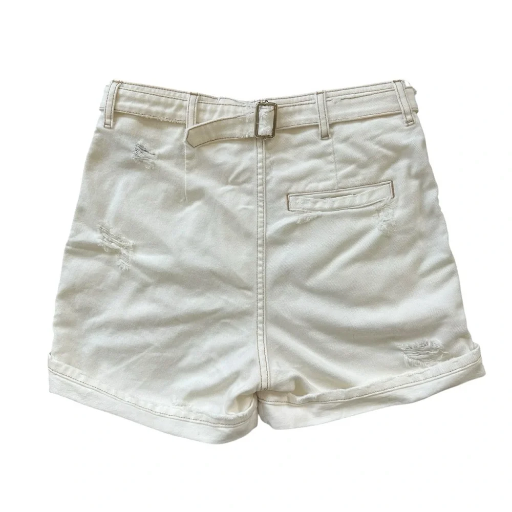 Retrofete Cream Cotton Buckle Back Distressed High Rise Shorts Trixie Size 25